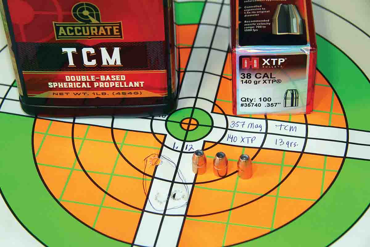 From the 357 Magnum, Hornady’s 140-grain XTP shot this 1.12-inch best group at 1,178 fps with 13 grains of Ramshot TCM powder.